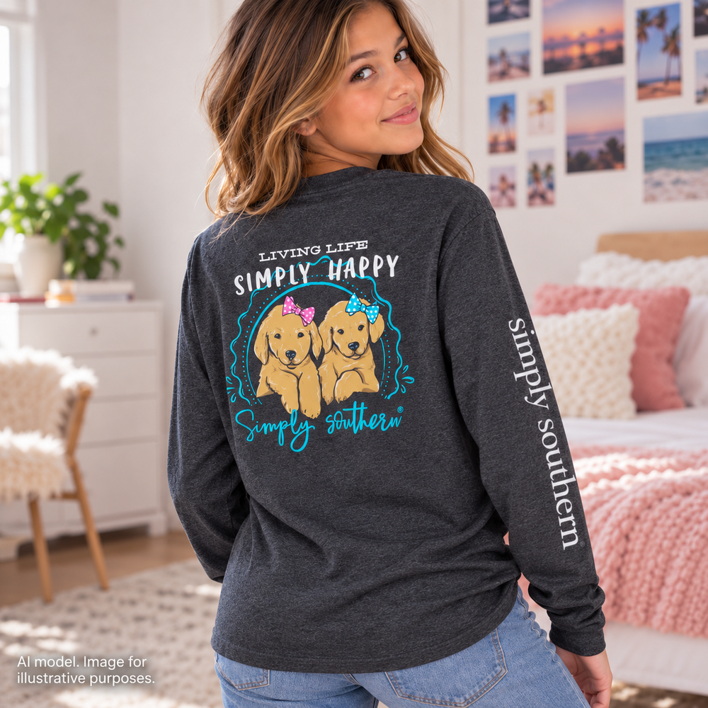 Simply Southern Shirt Juniors YXL Gray Spellout Arm Golden Retriever Puppies Dog